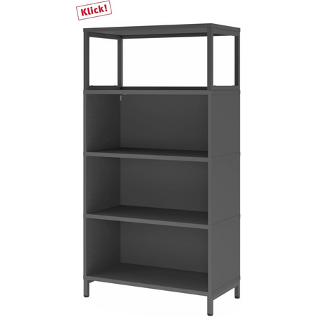 Étagère ouverte FlexWall en graphite avec trois tablettes et un cadre supérieur sur socle de hjh OFFICE PRO