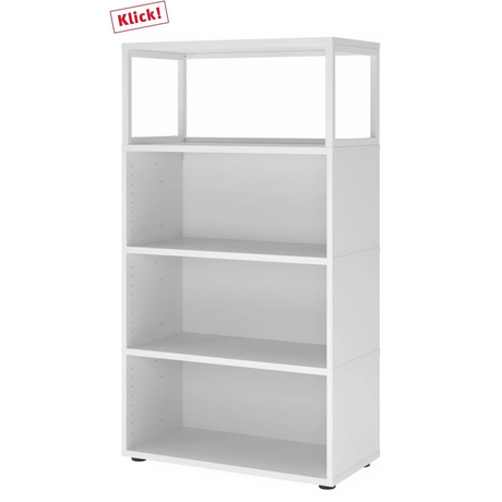 Étagère FlexWall blanche avec trois tablettes ouvertes et pieds noirs de hjh OFFICE PRO