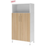 Armoire de bureau FlexWall en blanc et chêne avec deux portes, niche ouverte et socle blanc de hjh OFFICE PRO