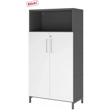 Armoire de bureau FlexWall en graphite et blanc avec deux portes, niche ouverte et socle de hjh OFFICE PRO
