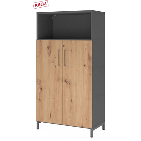 Armoire à dossiers FlexWall en graphite et chêne frêne avec deux portes et une niche ouverte de hjh OFFICE PRO