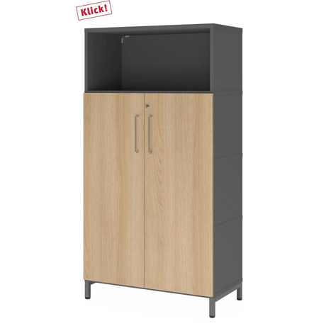 Armoire à dossiers FlexWall en graphite et chêne avec deux portes, niche ouverte et socle de hjh OFFICE PRO