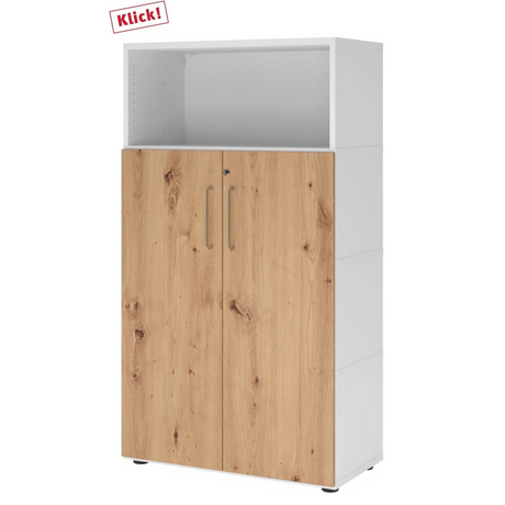 Armoire de bureau FlexWall en blanc et chêne frêne avec deux portes et un compartiment ouvert de hjh OFFICE PRO