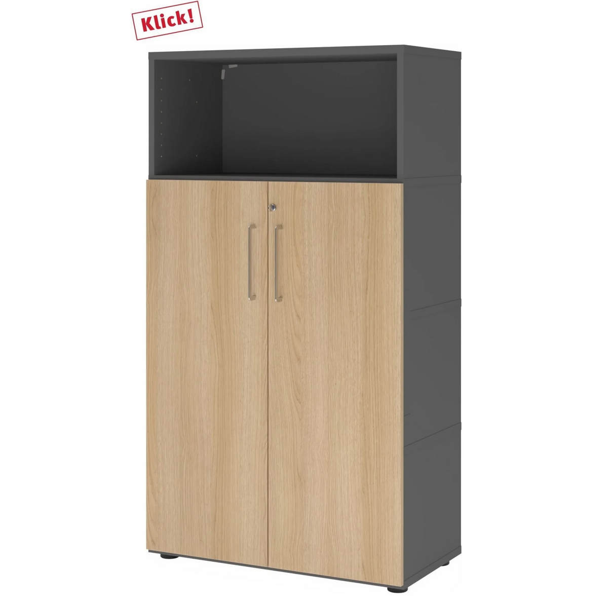 Armoire à dossiers FlexWall en graphite et chêne avec deux portes, niche ouverte et pieds de hjh OFFICE PRO