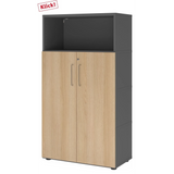 Armoire à dossiers FlexWall en graphite et chêne avec deux portes, niche ouverte et pieds de hjh OFFICE PRO