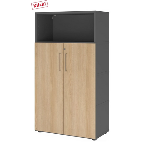 Armoire à dossiers FlexWall en graphite et chêne avec deux portes, niche ouverte et pieds de hjh OFFICE PRO