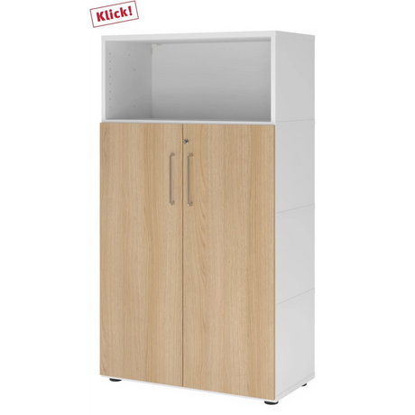 Armoire de bureau FlexWall en blanc et chêne avec deux portes, niche ouverte et pieds de hjh OFFICE PRO