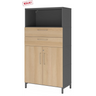 Armoire de bureau FlexWall en graphite et chêne avec deux tiroirs, deux portes et une niche ouverte de hjh OFFICE PRO