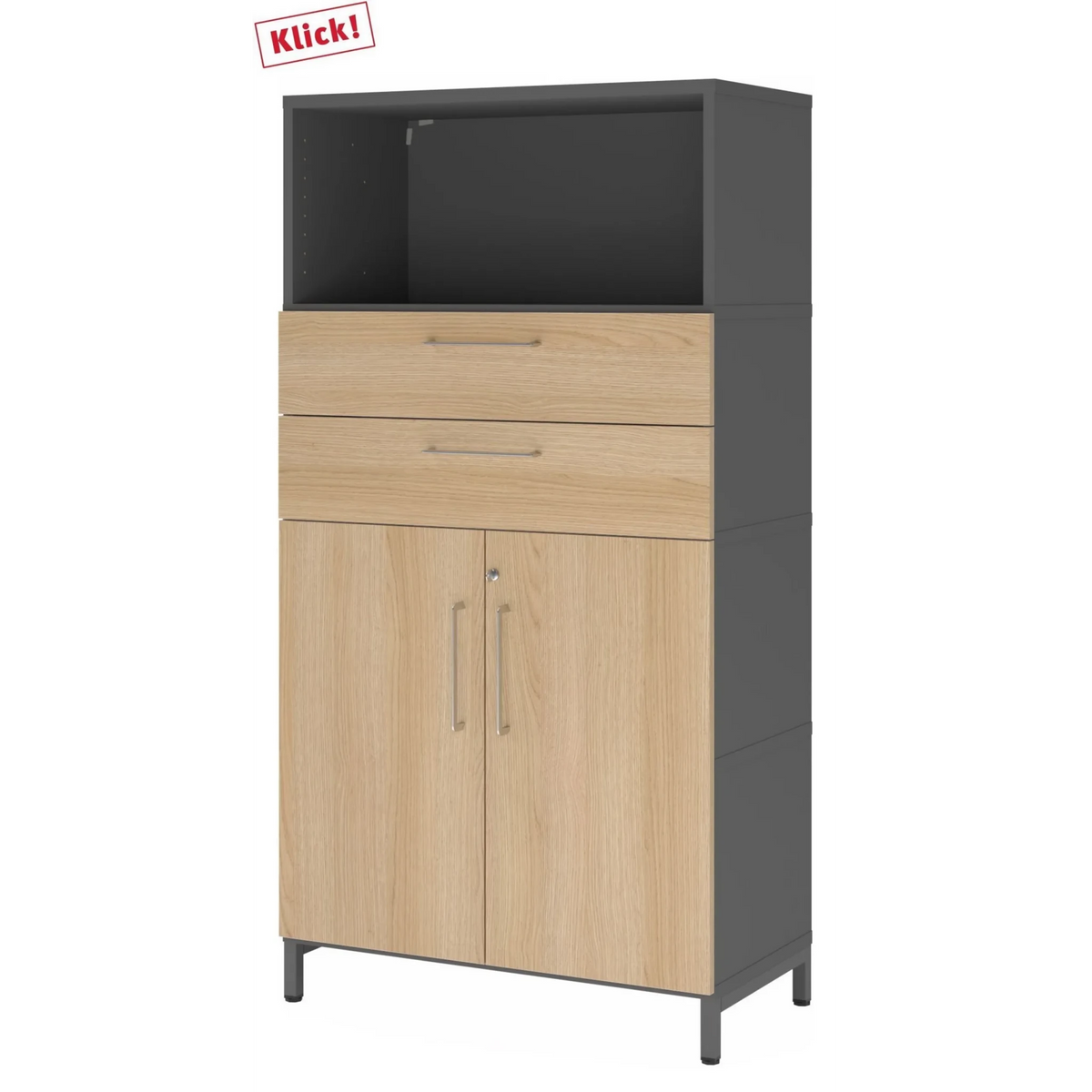 Armoire de bureau FlexWall en graphite et chêne avec deux tiroirs, deux portes et une niche ouverte de hjh OFFICE PRO