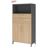 Armoire de bureau FlexWall en graphite et chêne avec deux tiroirs, deux portes et une niche ouverte de hjh OFFICE PRO
