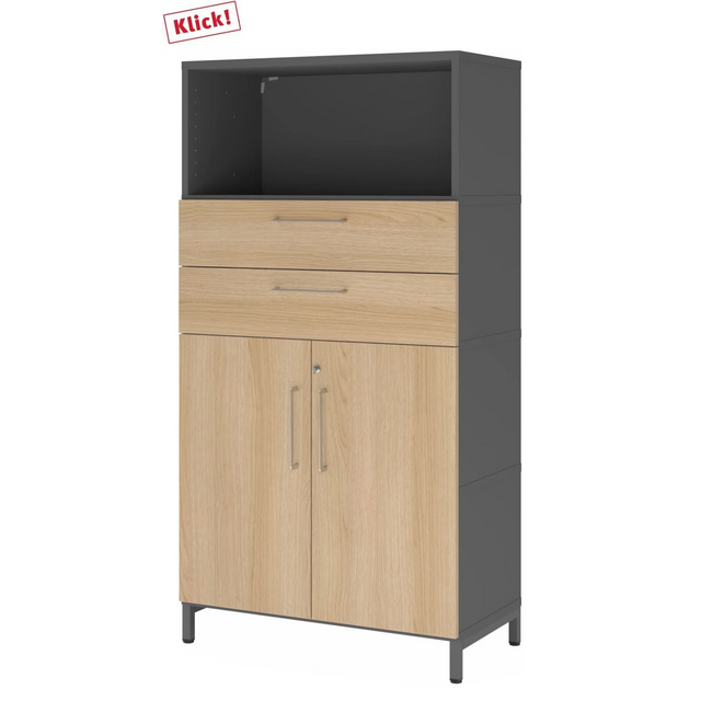 Armoire de bureau FlexWall en graphite et chêne avec deux tiroirs, deux portes et une niche ouverte de hjh OFFICE PRO