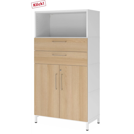 Armoire de bureau FlexWall en blanc et chêne avec deux tiroirs, portes de placard et niche ouverte de hjh OFFICE PRO