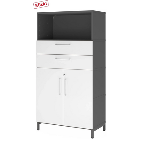 Armoire à dossiers FlexWall en graphite et blanc avec deux tiroirs, portes et socle de hjh OFFICE PRO
