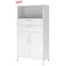 Armoire de bureau blanche FlexWall avec deux tiroirs, deux portes et un compartiment ouvert sur socle de hjh OFFICE PRO