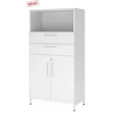 Armoire de bureau blanche FlexWall avec deux tiroirs, deux portes et un compartiment ouvert sur socle de hjh OFFICE PRO