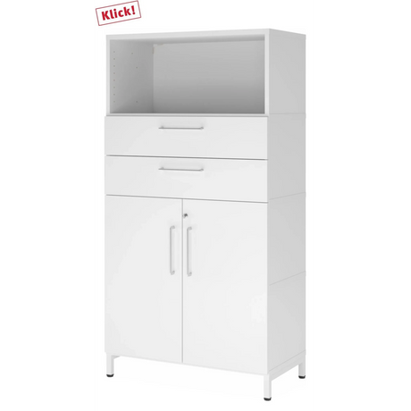 Armoire de bureau blanche FlexWall avec deux tiroirs, deux portes et un compartiment ouvert sur socle de hjh OFFICE PRO