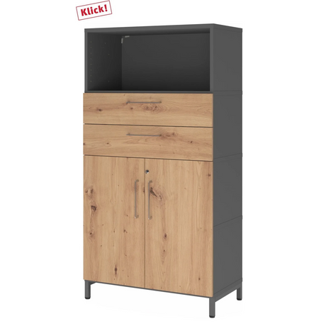 Armoire de bureau FlexWall en graphite et chêne frêne avec deux tiroirs, portes et socle de hjh OFFICE PRO
