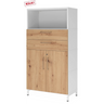 Armoire de bureau FlexWall en blanc et chêne frêne avec deux tiroirs, deux portes et un socle blanc de hjh OFFICE PRO