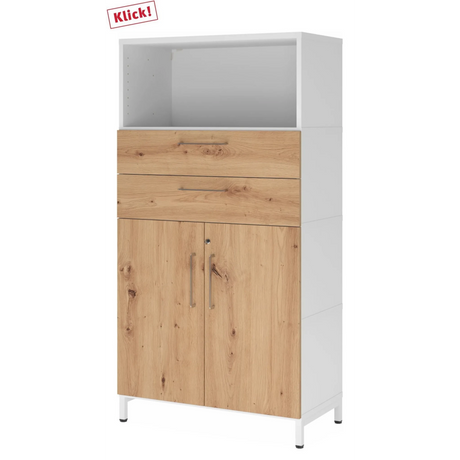 Armoire de bureau FlexWall en blanc et chêne frêne avec deux tiroirs, deux portes et un socle blanc de hjh OFFICE PRO