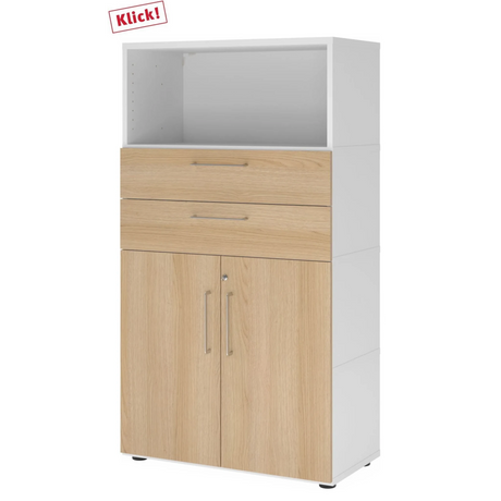 Armoire de bureau FlexWall en blanc et chêne avec deux tiroirs, deux portes et une niche ouverte de hjh OFFICE PRO