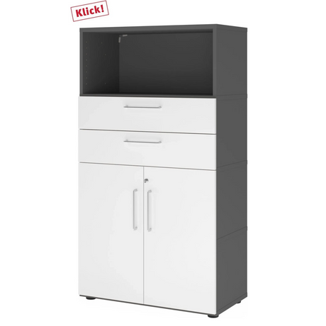 Armoire de bureau FlexWall en graphite et blanc avec deux tiroirs, portes et niche ouverte de hjh OFFICE PRO