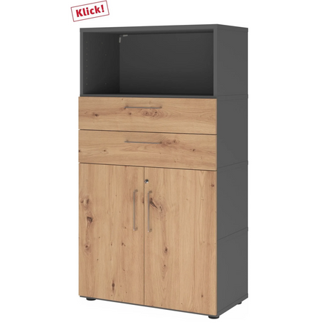 Armoire de bureau FlexWall en graphite et chêne frêne avec deux tiroirs, un compartiment et portes de hjh OFFICE PRO