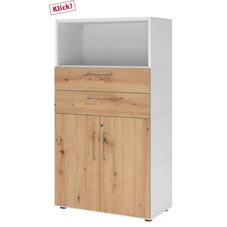 Armoire à dossiers FlexWall en blanc et chêne frêne avec deux tiroirs, deux portes et une niche ouverte de hjh OFFICE PRO