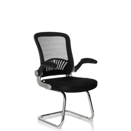 Chaises cantilever FLYER PRO V noires avec dossier en maille, accoudoirs et structure chromée de hjh OFFICE