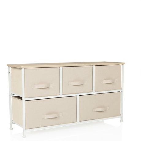 Commode beige FOLDAR avec cinq tiroirs en tissu et plateau en bois clair de hjh LIVING