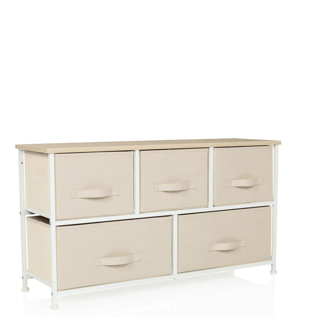 Commode beige FOLDAR avec cinq tiroirs en tissu et plateau en bois clair de hjh LIVING