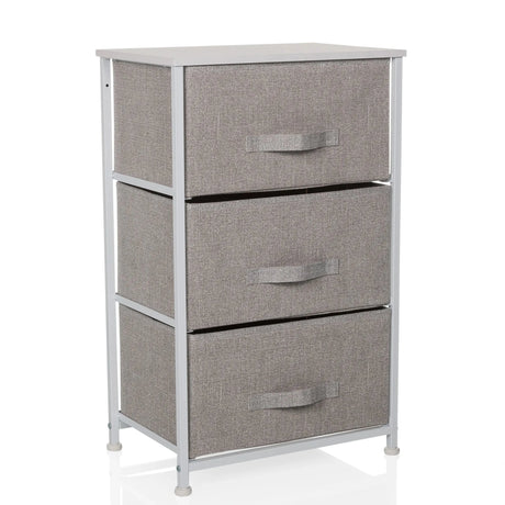 Commode grise FOLDRESS M avec trois tiroirs en tissu et cadre métallique argenté de hjh LIVING