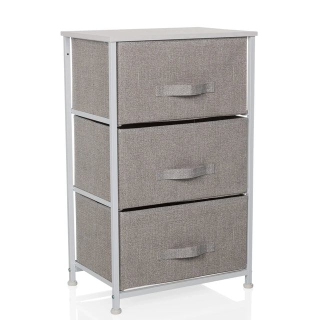 Commode grise FOLDRESS M avec trois tiroirs en tissu et cadre métallique argenté de hjh LIVING
