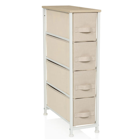 Commode beige FOLDRESS S avec quatre tiroirs en tissu et plateau en bois clair de hjh LIVING