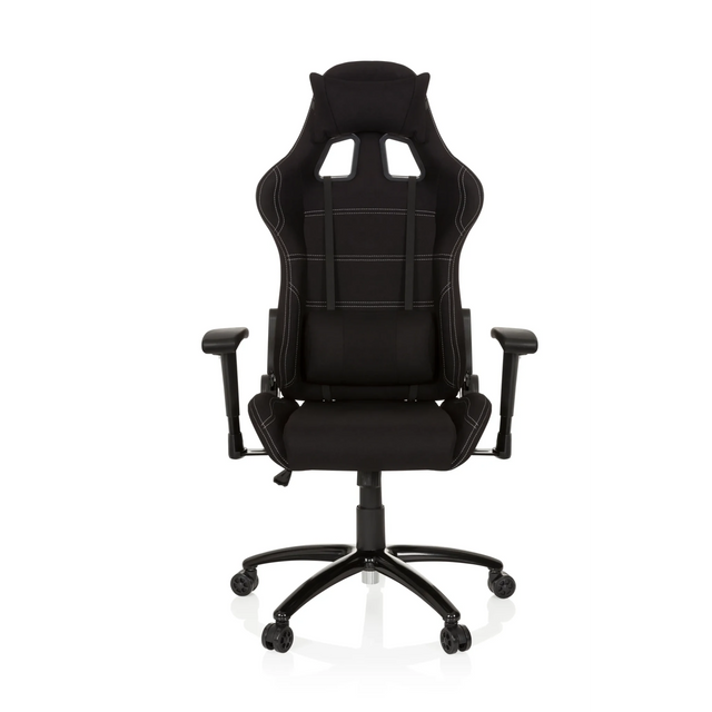 Fauteuil Gamer GAME FORCE noir avec revêtement en tissu, coutures décoratives blanches et accoudoirs de hjh OFFICE