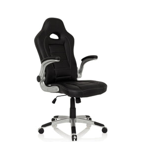 Fauteuil Gamer GAME SPORT noir avec accoudoirs argentés et un pied à roulettes de hjh OFFICE