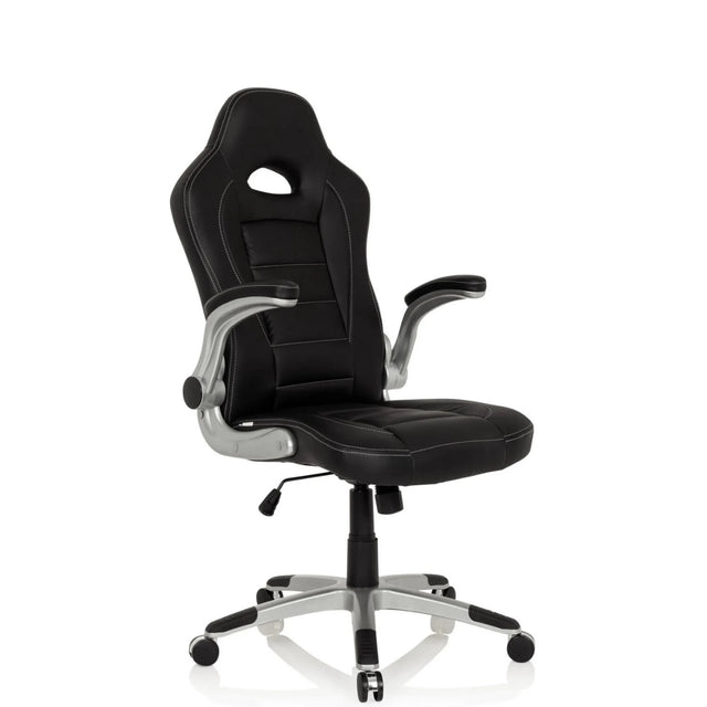 Fauteuil Gamer GAME SPORT noir avec accoudoirs argentés et un pied à roulettes de hjh OFFICE