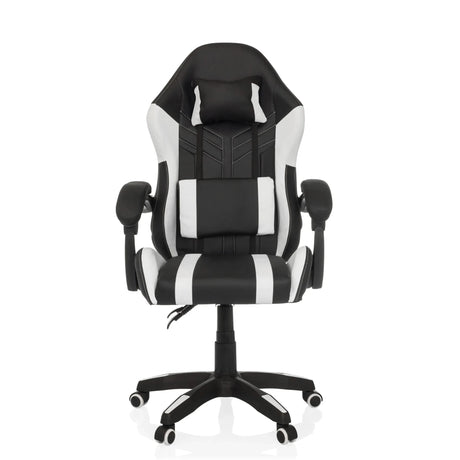 Fauteuil Gamer GAMEBREAKER W02 en noir et blanc avec coussins de cou et lombaire et roulettes de MyBuero