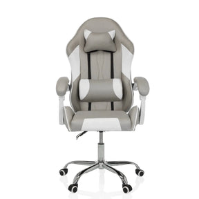 Fauteuil Gamer GAMEBREAKER W03 en gris et blanc avec coussins de nuque et lombaire et pied en étoile argenté de MyBuero