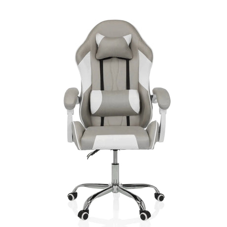 Fauteuil Gamer GAMEBREAKER W03 en gris et blanc avec coussins de nuque et lombaire et pied en étoile argenté de MyBuero