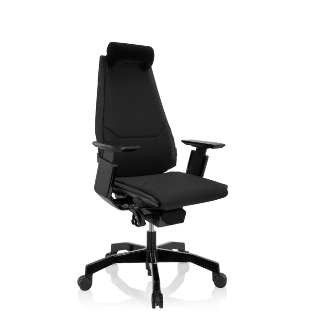 Siège de bureau haut de gamme GENIDIA BLACK noir avec revêtement en tissu, appuie-tête et accoudoirs de hjh OFFICE