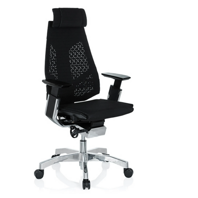 Siège de bureau haut de gamme GENIDIA PRO avec revêtement en maille noire, appui-tête et étoile polie de hjh OFFICE