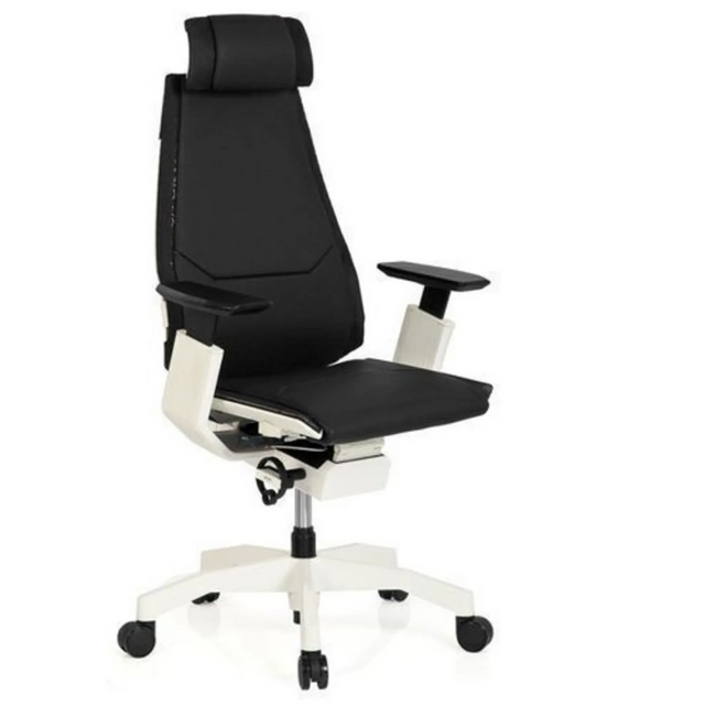 Siège de bureau haut de gamme GENIDIA PRO WHITE avec revêtement en cuir noir et structure blanche de hjh OFFICE