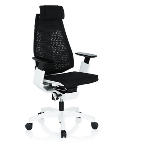 Siège de bureau haut de gamme GENIDIA PRO WHITE avec revêtement en maille noire et structure blanche de hjh OFFICE