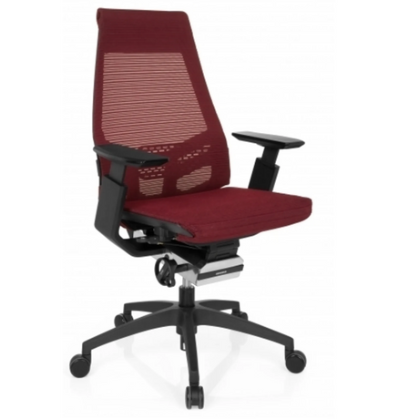 Siège de bureau de qualité professionnelle GENIDIA SMART BLACK avec revêtement en maille rouge et noire et accoudoirs noirs de hjh OFFICE
