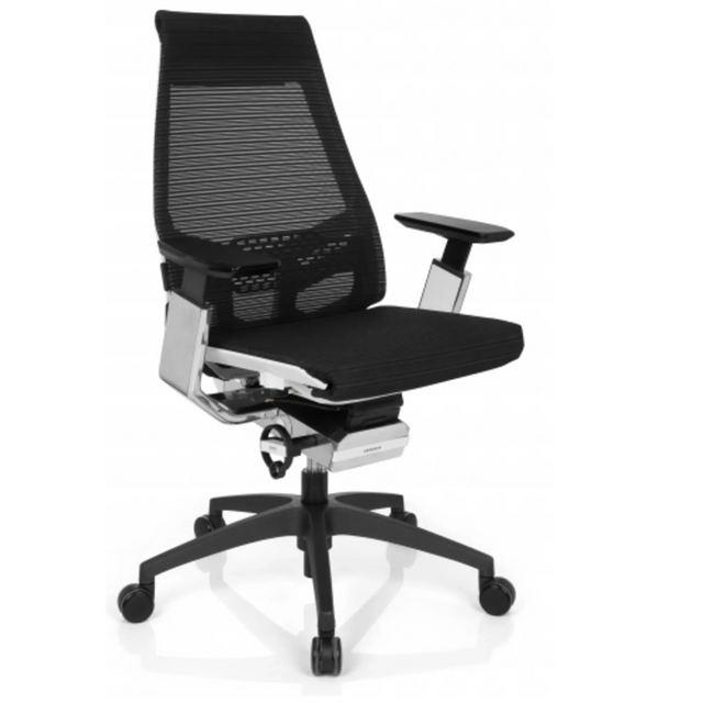 Siège de bureau de qualité professionnelle GENIDIA SMART WHITE CM avec revêtement en maille noire et détails chromés de hjh OFFICE