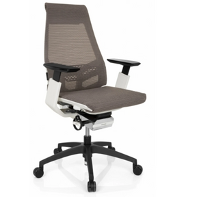Siège de bureau de qualité professionnelle GENIDIA SMART WHITE avec revêtement en maille grise, accoudoirs blancs et pied noir de hjh OFFICE