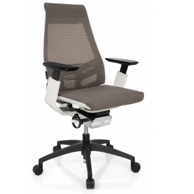 Siège de bureau de qualité professionnelle GENIDIA SMART WHITE avec revêtement en maille grise, accoudoirs blancs et pied noir de hjh OFFICE