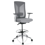 Chaise de comptoir HALIFAX WORK grise avec dossier en maille, repose-pieds et base à roulettes de hjh OFFICE