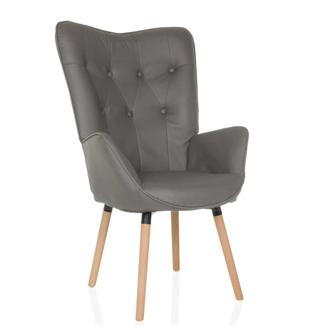 Fauteuil rembourré gris HAVENIO I avec boutonnage et pieds en bois clair de hjh LIVING
