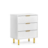 Commode blanche Hjelle K avec design de façade cannelé, trois poignées dorées et quatre pieds dorés de hjh LIVING